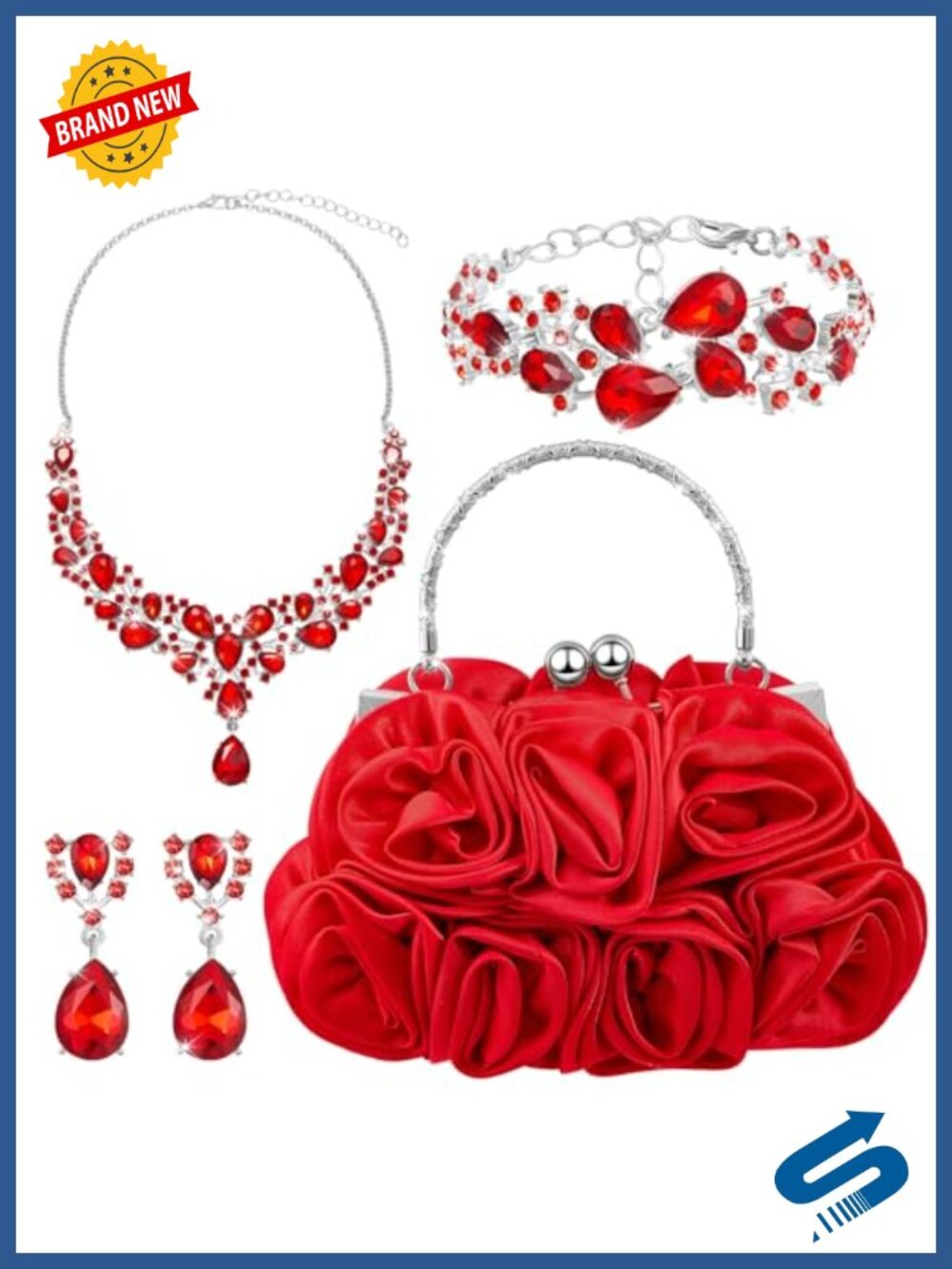 4 Pc Rhinestone Jewelry Set with Floral Clutch Purse & Detachable Strap